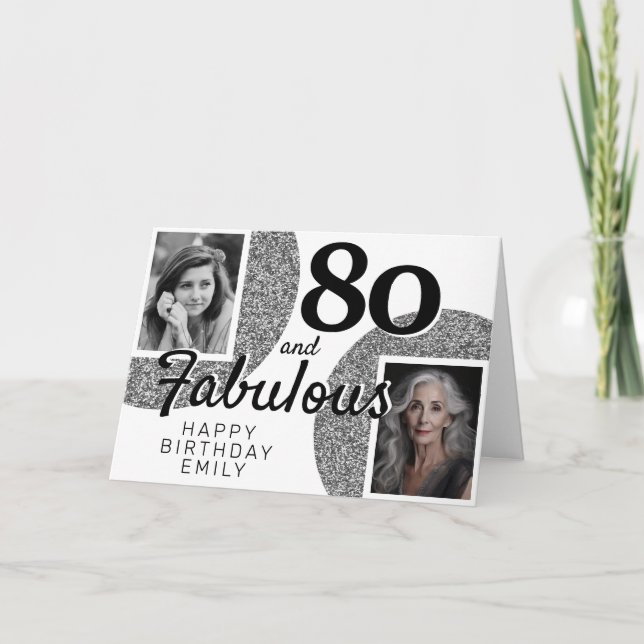 Tarjeta 80 y Fabulous Silver Purpurina 2 Photo Birthday (Anverso)