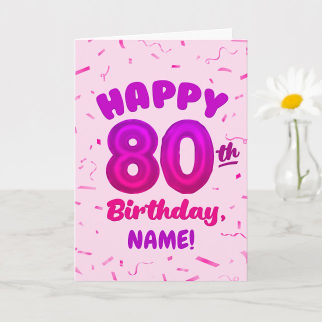 Tarjeta 80th Balloon Number Custom Name Birthday Card (Planta pequeña)