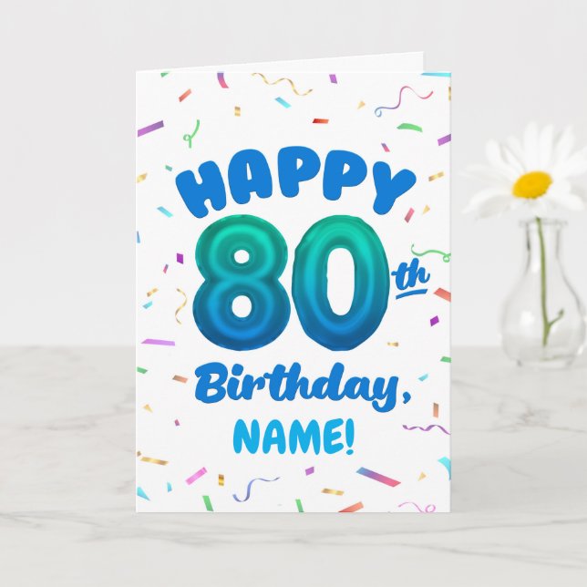 Tarjeta 80th Balloon Number Custom Name Birthday Card (Planta pequeña)