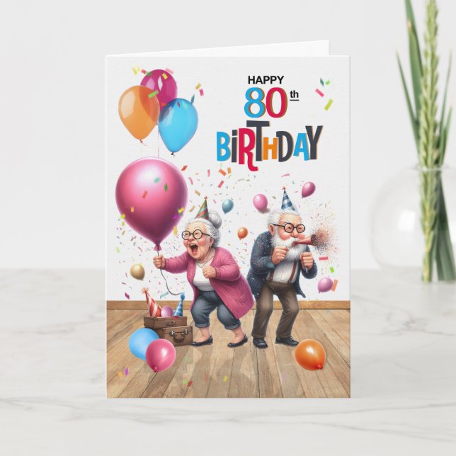 Tarjeta 80th Birthday Funny Old Man and Woman Balloons (Anverso)