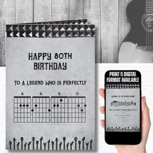 Tarjeta 80th Birthday Rockstar Guitar Aged to Perfection (Honor a timeless LEGEND with a guitar themed rock and roll card for their 80th birthday)