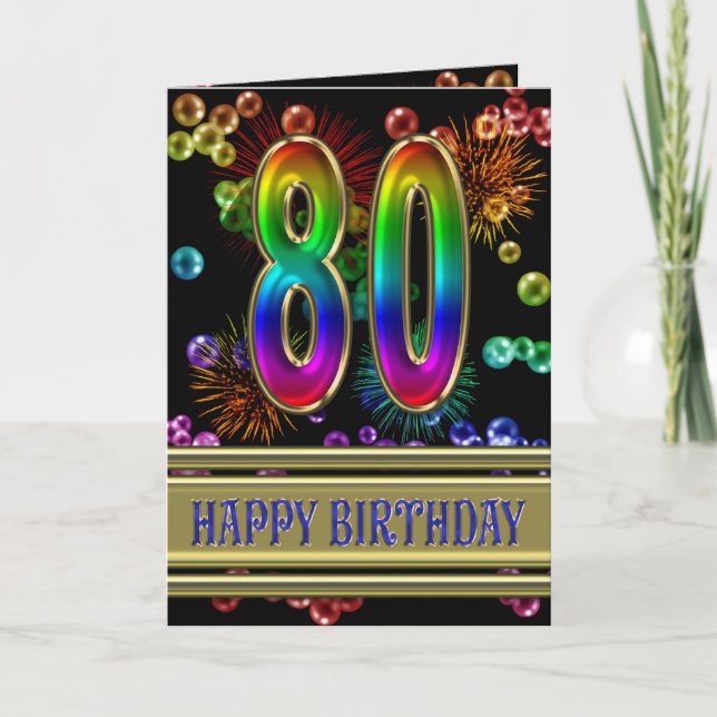 Tarjeta 80th Birthday with rainbow bubbles and fireworks (Anverso)