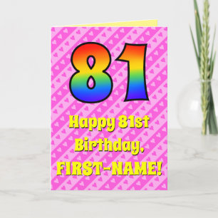 Tarjeta 81° cumpleaños: Rayas y corazones rosas, arcoiris