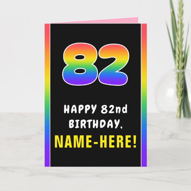 Tarjeta 82º cumpleaños: arcoiris colorido # 82, nombre per (Anverso)