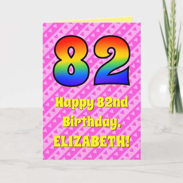 Tarjeta 82º cumpleaños: Rayas y corazones rosados, arcoiri (Anverso)