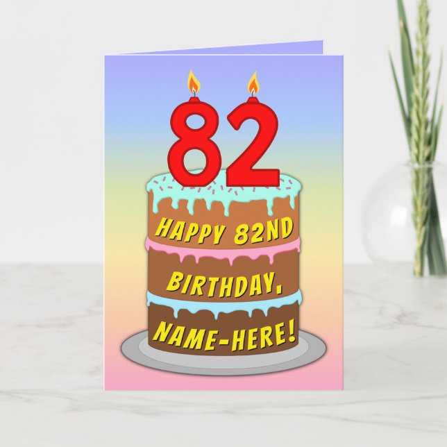 Tarjeta 82º cumpleaños — Torta divertida y velas, con nomb (Anverso)