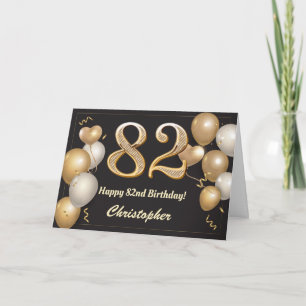 Tarjeta 82.º cumpleaños Globos de Oro y Negro