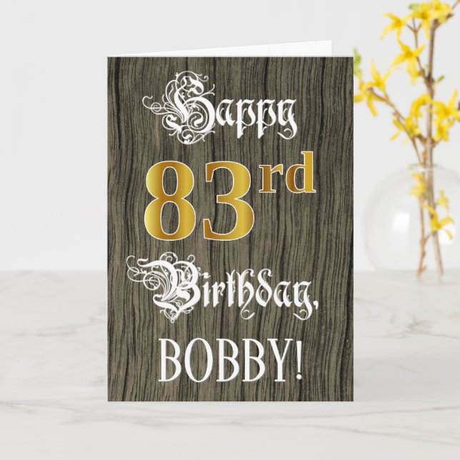 Tarjeta 83 Aniversario: Faux Gold Look + Faux Wood Pattern (flor amarilla)