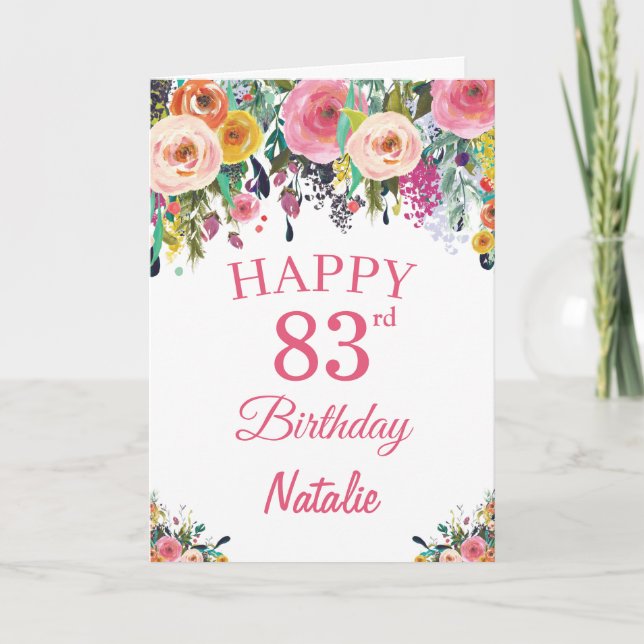 Tarjeta 83° cumpleaños Flores florales color rosa (Anverso)