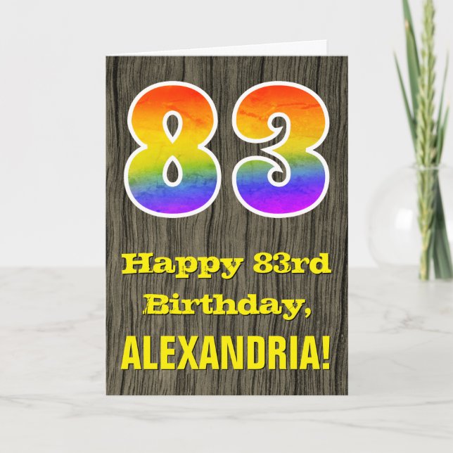 Tarjeta 83 cumpleaños: Vista rústica de madera falsa, "83" (Anverso)