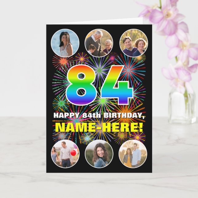 Tarjeta 84º cumpleaños: Arcoiris divertido #, nombre perso (Orquídea)
