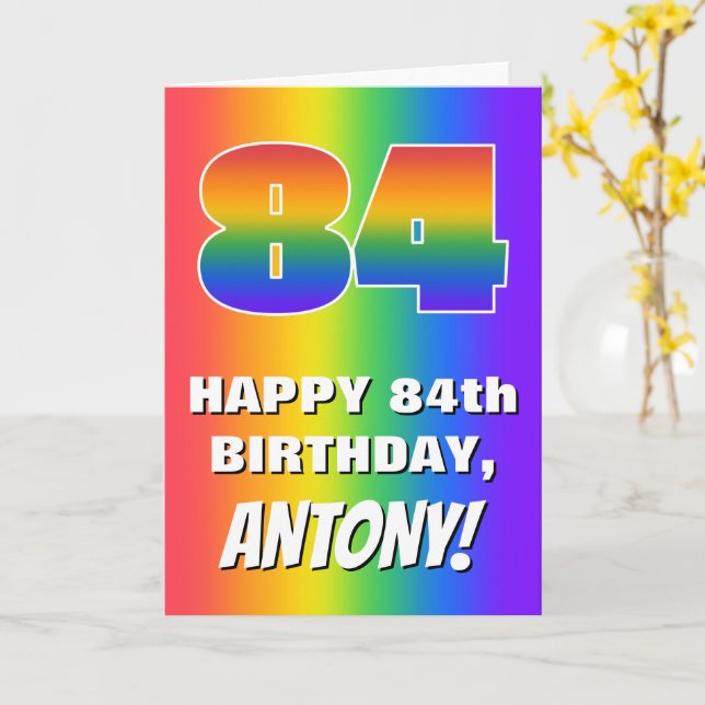 Tarjeta 84º cumpleaños: Colorido, divertido patrón arcoiri (flor amarilla)