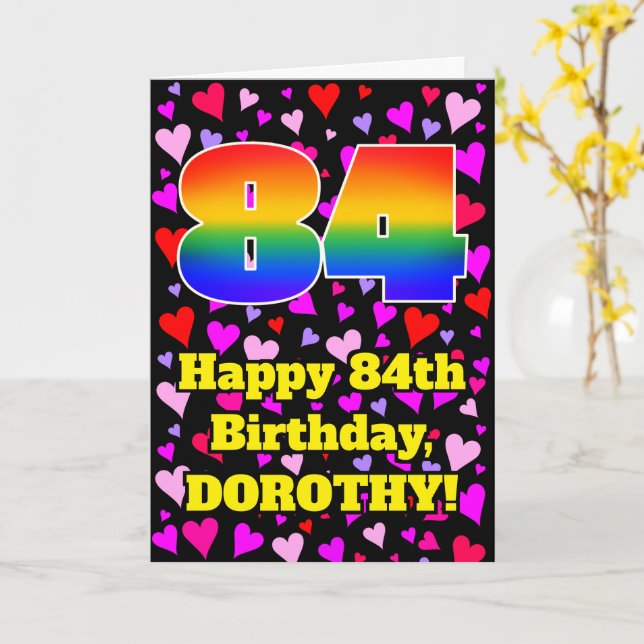 Tarjeta 84º cumpleaños: Patrón de corazones amorosos, arco (flor amarilla)