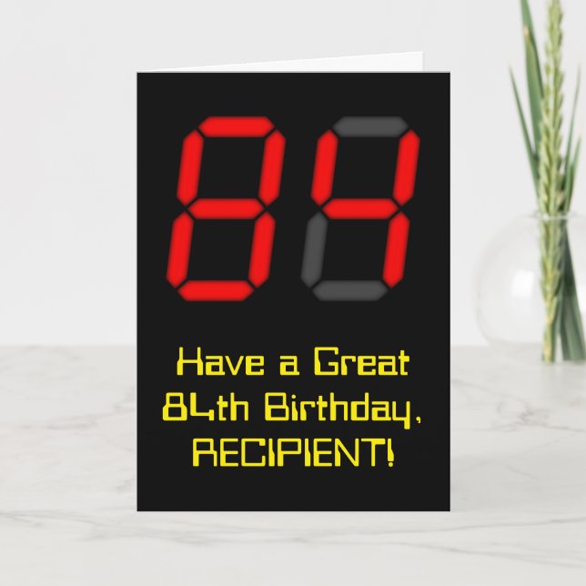 Tarjeta 84º cumpleaños: Red Digital Clock Style "84" + Nom (Anverso)
