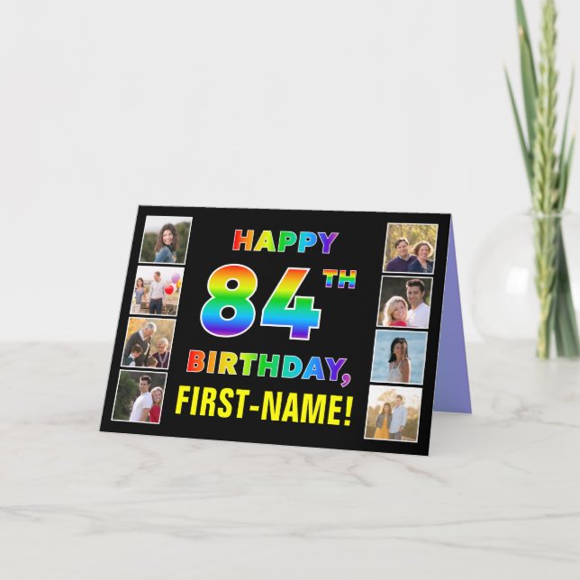 Tarjeta 84º cumpleaños: texto arcoiris, fotos y nombre de  (Anverso)