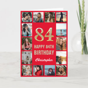 Tarjeta 84.º feliz cumpleaños Collage de fotos rojo y oro