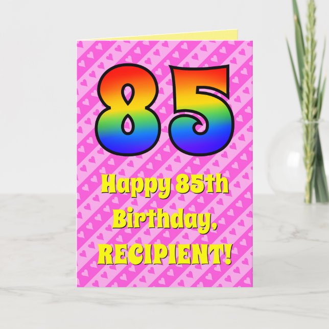 Tarjeta 85º cumpleaños: Rayas y corazones rosados, arcoiri (Anverso)