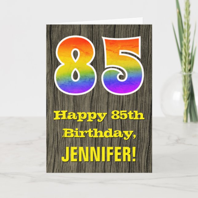 Tarjeta 85º cumpleaños: Rustic Faux Wood Look, Rainbow "85 (Anverso)