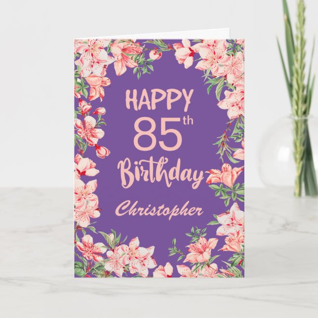 Tarjeta 85.º cumpleaños Morado Peach Peach acuarela Floral (Anverso)