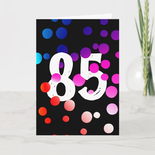 Tarjeta 85.º cumpleaños, puntos arcoiris en negro (Anverso)