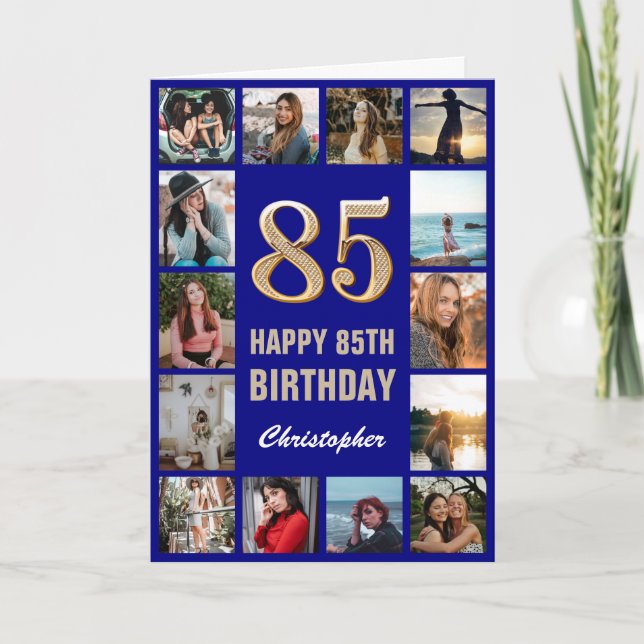 Tarjeta 85.º feliz cumpleaños Collage de fotos azul y oro  (Anverso)