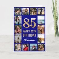 85.º feliz cumpleaños Collage de fotos azul y oro 