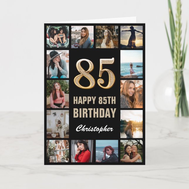 Tarjeta 85.º feliz cumpleaños Collage de fotos negro y oro (Anverso)