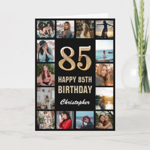 Tarjeta 85.º feliz cumpleaños Collage de fotos negro y oro