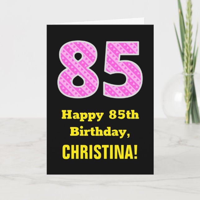 Tarjeta 85 Aniversario: Bandas y corazones rosados "85" +  (Anverso)