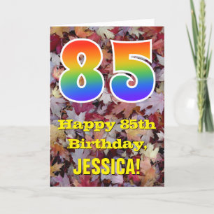 Tarjeta 85o Cumpleaños; Hojas de otoño rústicas; Arco iris