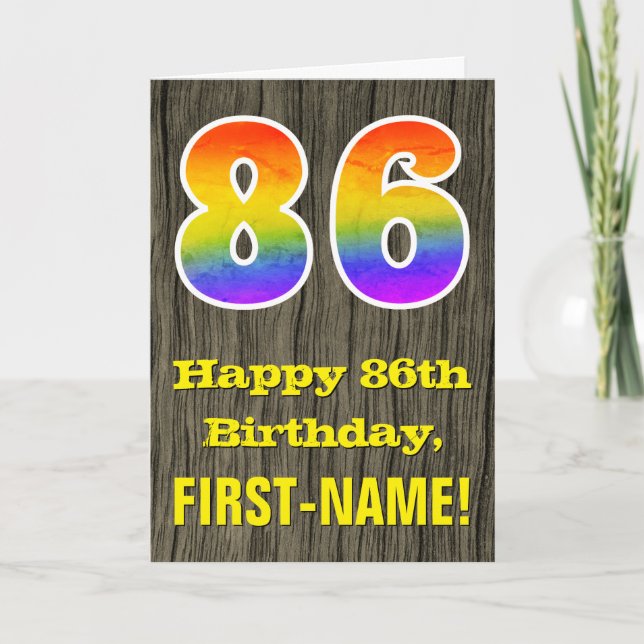 Tarjeta 86º cumpleaños: Rustic Faux Wood Look, Rainbow "86 (Anverso)