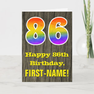 Tarjeta 86º cumpleaños: Rustic Faux Wood Look, Rainbow "86