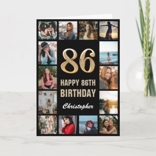 Tarjeta 86.º feliz cumpleaños Collage de fotos negro y oro
