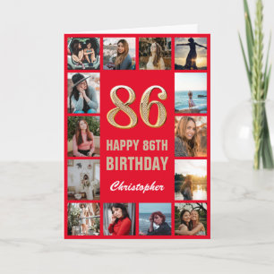 Tarjeta 86.º feliz cumpleaños Collage de fotos rojo y oro
