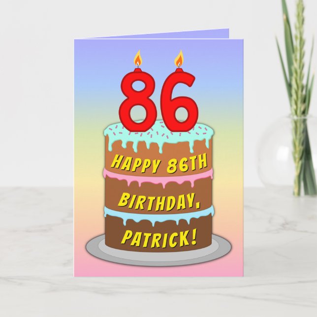 Tarjeta 86th Birthday — Fun Cake & Candles, w/ Custom Name (Anverso)