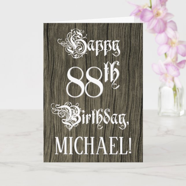 Tarjeta 88º Cumpleaños: Elegante, Alegre Texto; Faux Wood  (Orquídea)