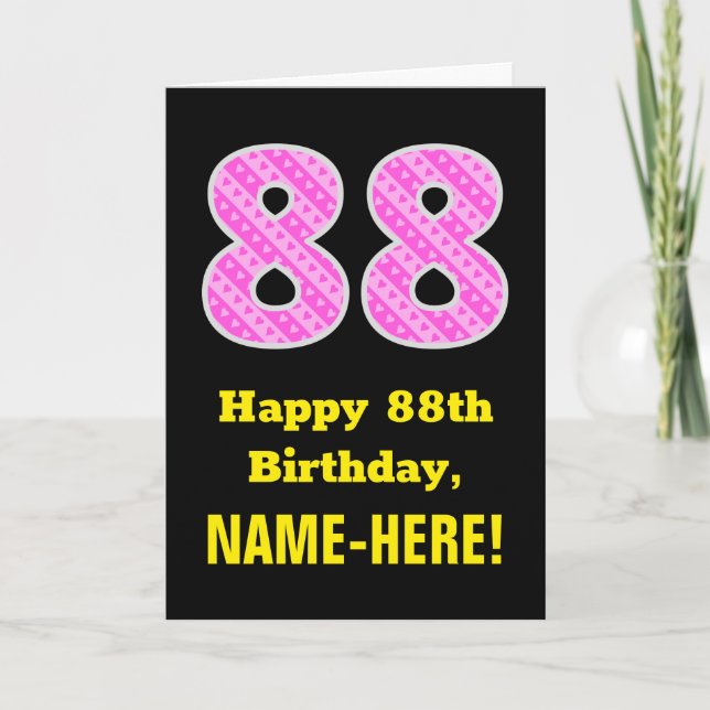 Tarjeta 88º cumpleaños: Rayas rosas y corazones "88" + nom (Anverso)