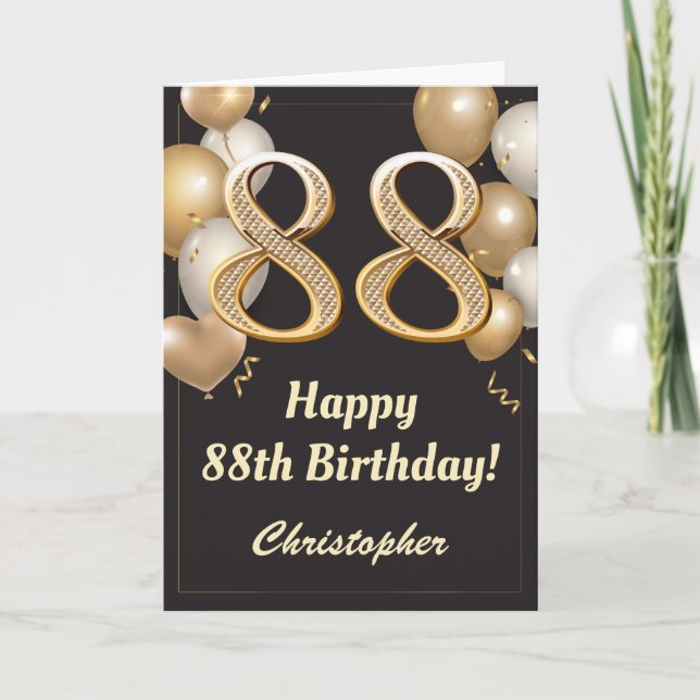 Tarjeta 88.º cumpleaños Confetti de globos negros y de oro (Anverso)