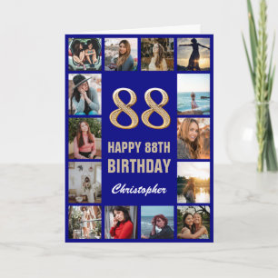 Tarjeta 88.º feliz cumpleaños Collage de fotos azul y oro