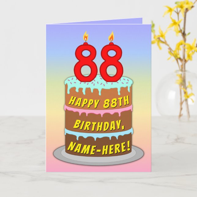 Tarjeta 88th Birthday — Fun Cake & Candles, w/ Custom Name (flor amarilla)