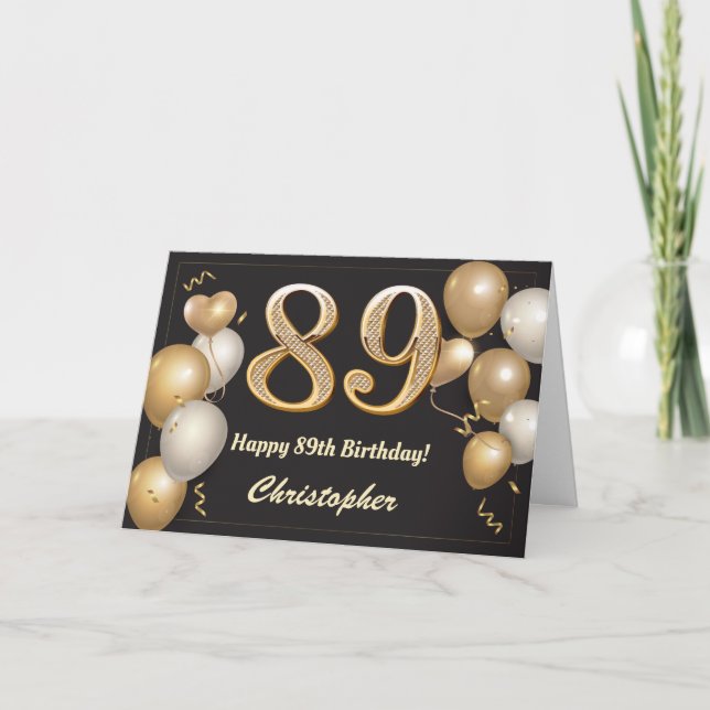 Tarjeta 89.º cumpleaños Globos de Oro y Negro (Anverso)