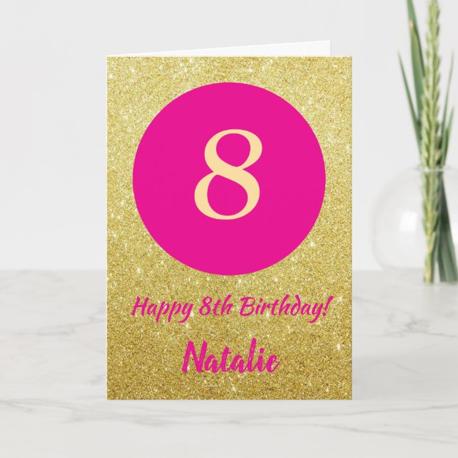 Tarjeta 8.ª feliz cumpleaños Purpurina de oro y rosado cal (Anverso)
