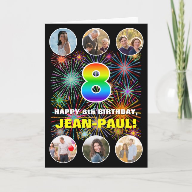 Tarjeta 8.º cumpleaños: Arcoiris divertido #, nombre perso (Anverso)