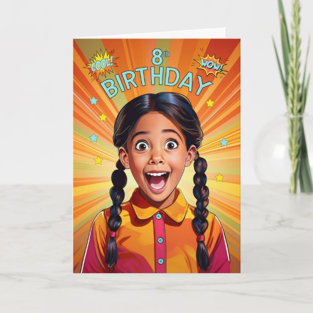 Tarjeta 8.º cumpleaños Chica latinoamericano estilo pop (Anverso)