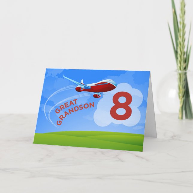 Tarjeta 8.º cumpleaños, gran nieto, avión rojo (Anverso)