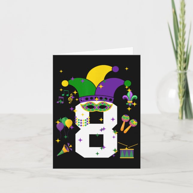 Tarjeta 8.º cumpleaños Mardi Gras Tema Niños de 8 años (Anverso)