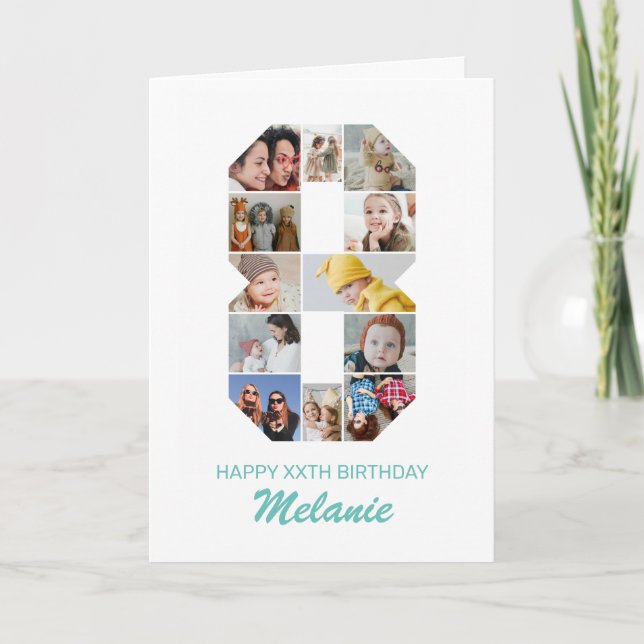 Tarjeta 8.º cumpleaños número 8 Collage de fotos personali (Anverso)