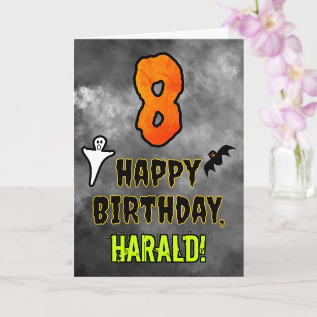 Tarjeta 8.º cumpleaños: Tema de Eerie Halloween + nombre p (Orquídea)