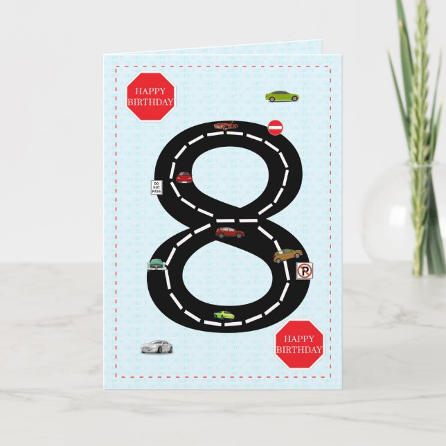 Tarjeta 8 años, 8 años, coches de juguete y carretera (Anverso)
