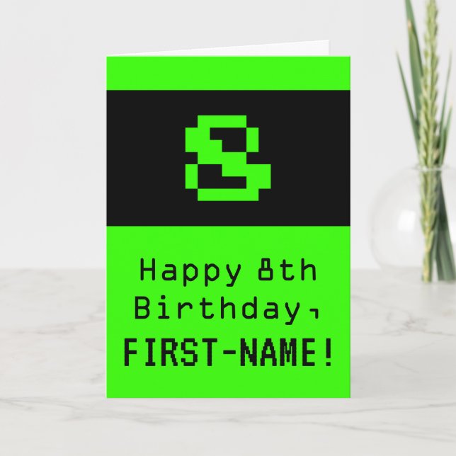 Tarjeta 8 cumpleaños: Nerdy / Geeky Style "8" y nombre (Anverso)